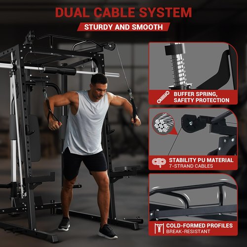 GarveeLife Smith Machine, 2000LBS Squat Rack for Home Gym, Multi-Function Power Cage Cable Crossover System Strength Training Equipment, Lat Pulldown Machines with 8 Weight Storage Pin, T-Bar and More