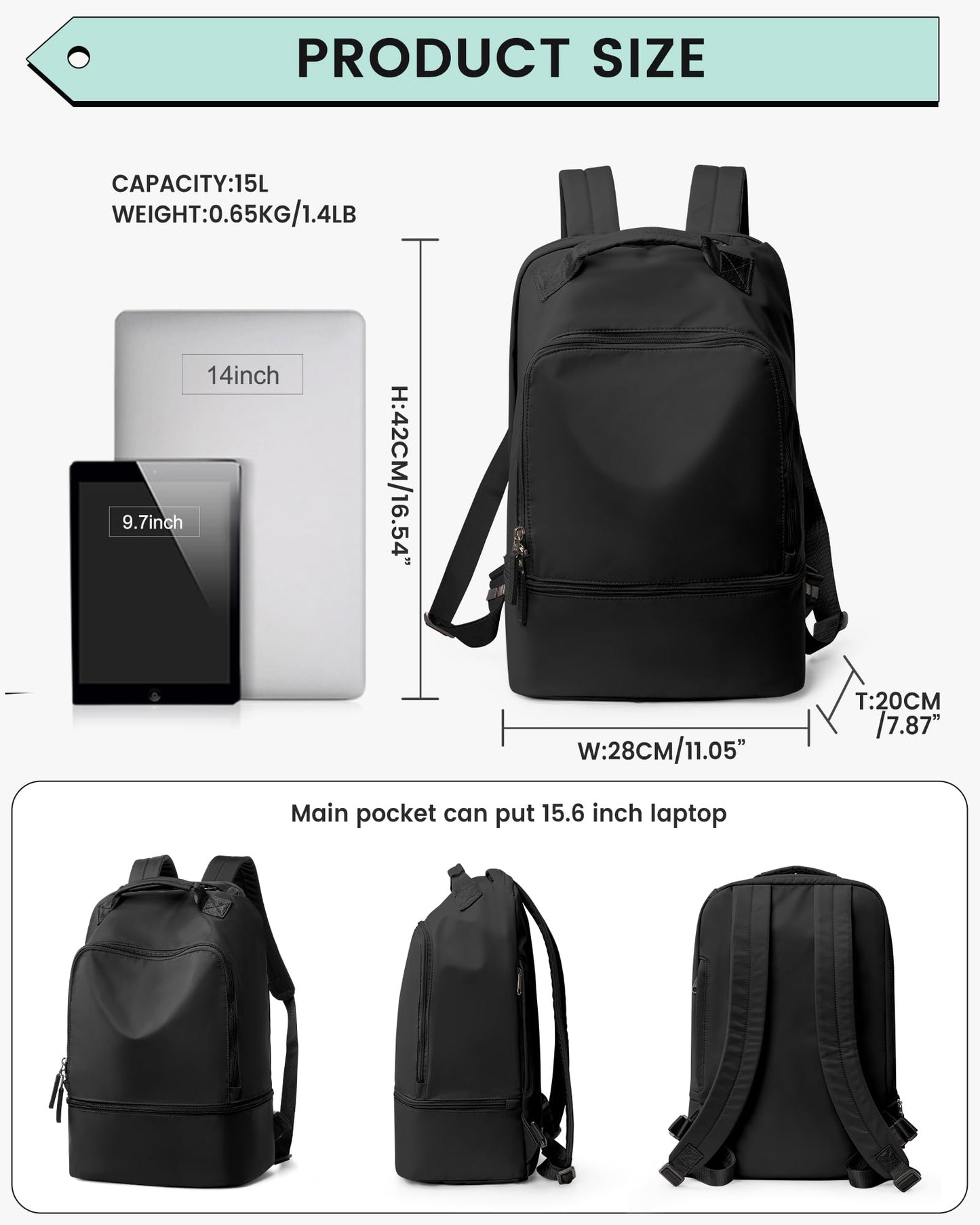 VENATIN Gym Backpack for Women, Gym Bag with Shoe Compartment, Water Resistant Lightweight Sports Yoga Travel Backpack with Wet Pocket,Cheer Backpack,Black