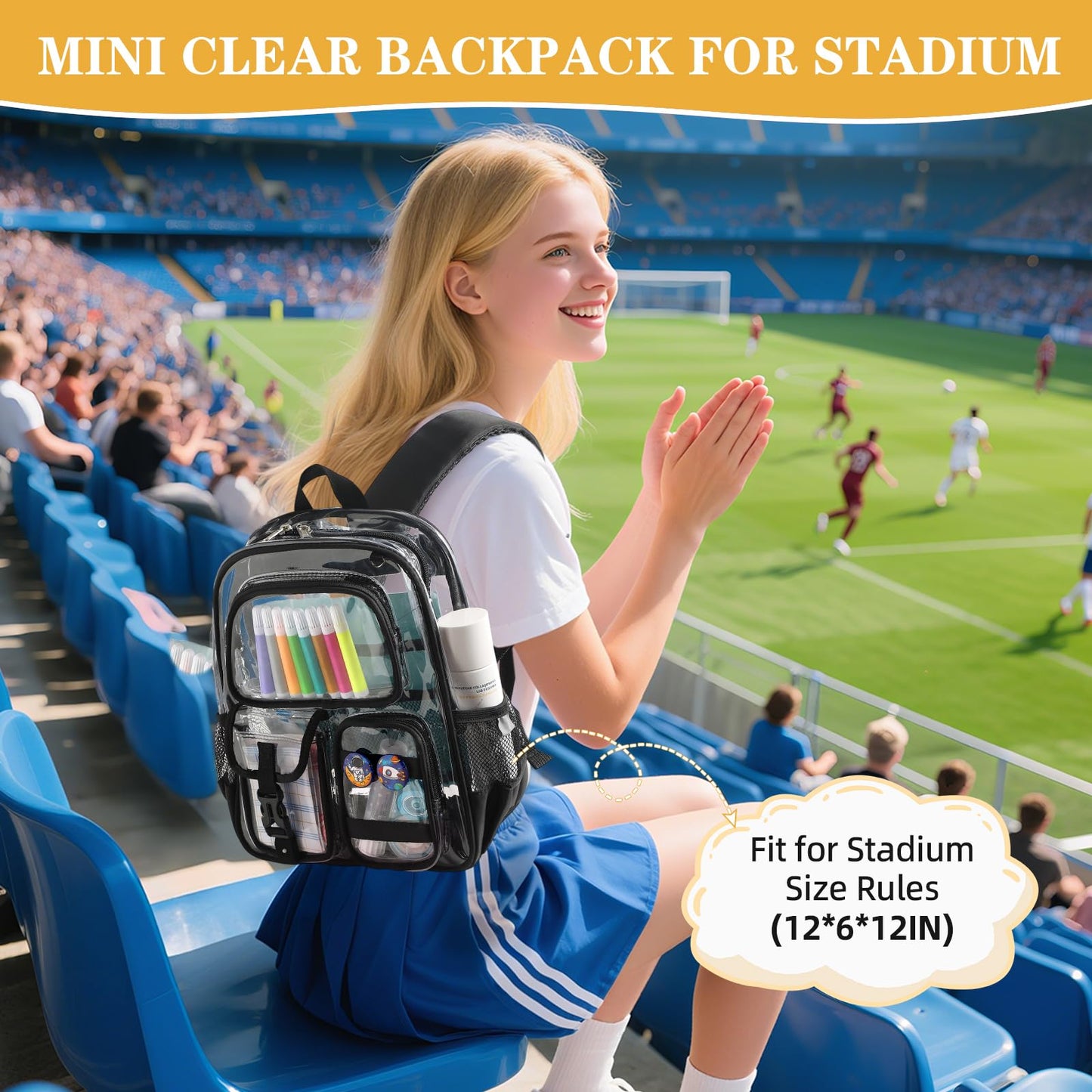 Unineovo Mini Clear Backpack for Stadium Approved 12x6x12, Small Transparent Backpacks Plastic See Through Clear Bag for Kids Girls Women for Sporting Event, Concerts, Work, Festival (Black)