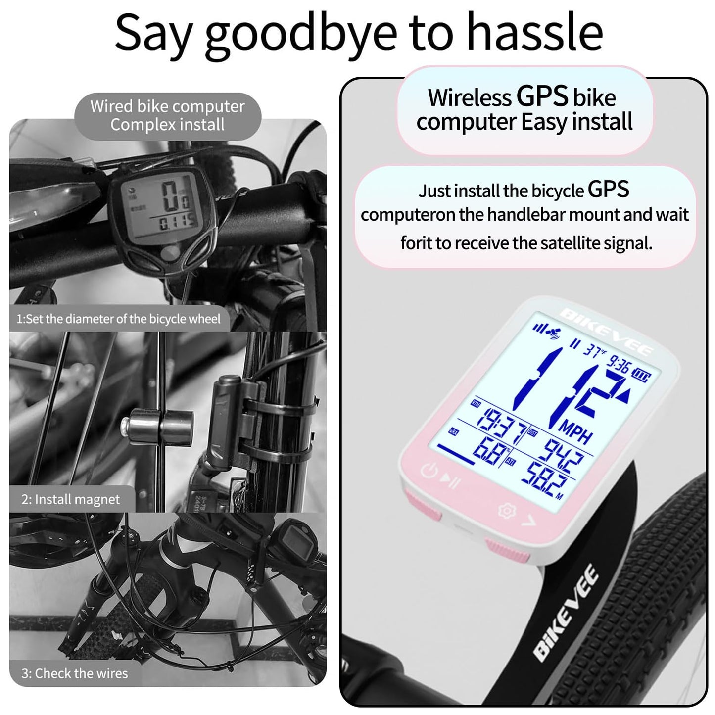 Bikevee GPS Bike Computer Wireless Cycling Computer with Auto Backlight, Bicycle Speedometer Odometer, Waterproof GPS Speed Tracker for Road Mountain Bikes - Pink