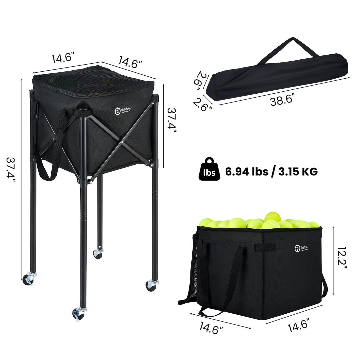 ShelfElites Portable Tennis Ball Hopper & Pickleball Basket, Foldable Tennis Ball Cart with Storage Bag, Multi-Sport Ball Collector for Training & Practice (Big)