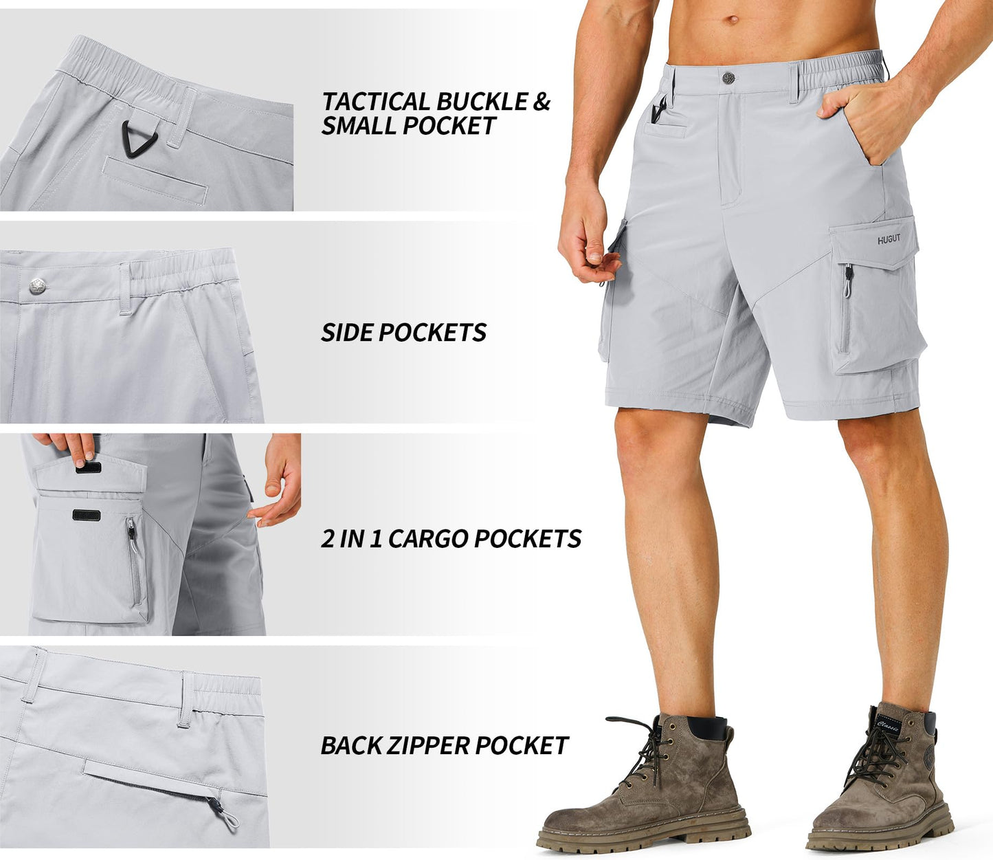 Hugut Men's Hiking Cargo Shorts Quick Dry Lightweight Travel Shorts with Multi Pockets for Fishing Camping Golf