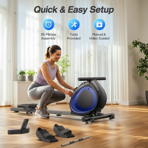 WELLFIT Rowing Machine for Home - Magnetic Rowing Machines 300lbs Capacity, Quiet Compact Smart Indoor Rower with Adjustable Resistance, Work with KINOMAP for Glute,Leg,Arm Muscles Workout Exercise