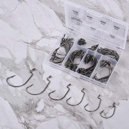 UCEC Fishing Hooks, 100pcs EWG Offset Worm Hooks Bass Hooks Wide Gap 2X Strong Senko Bait Texas Rig Jig Fish Hooks for Bass Trout Saltwater Freshwater Size:#1 1/0 2/0 3/0 4/0 5/0