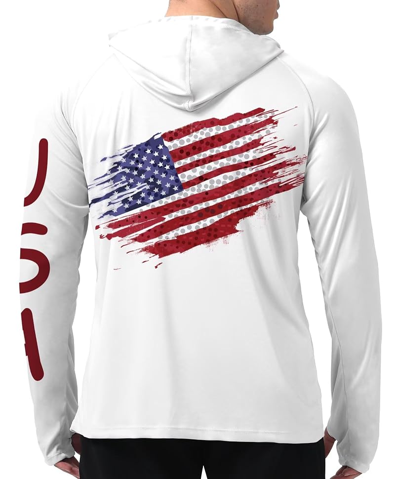 Men's American Flag Fishing Shirt Hooded UPF 50+ Sun Protection - X-Large (B-f-white-flag+X-Large)