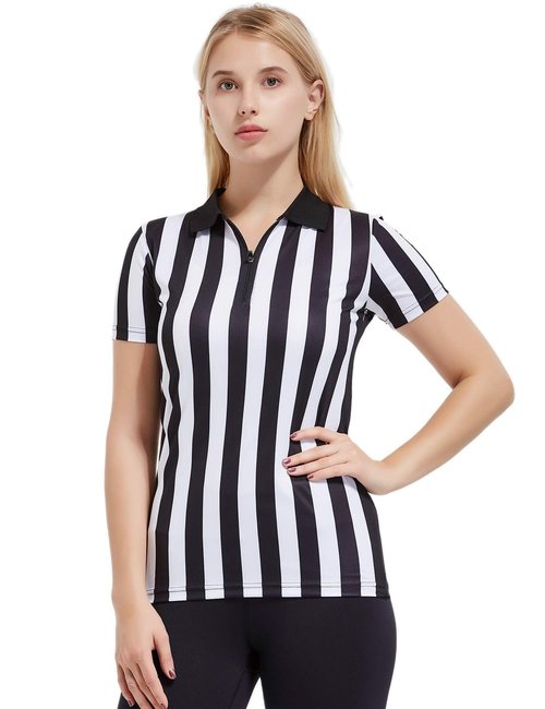 FitsT4 Sports Women's Official Black & White Stripe Referee Shirt Pro Uniform Jersey Short Sleeve Waitresses Costume,Large