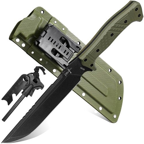 Camping Machete w Kydex Sheath for Cutting Trees Heavy Duty, DC53 Survival Machetes w Firestarter,Full Tang Nylon Fiberglass Handle,Bushcraft Knife for Yard Work, Hunting, Hiking