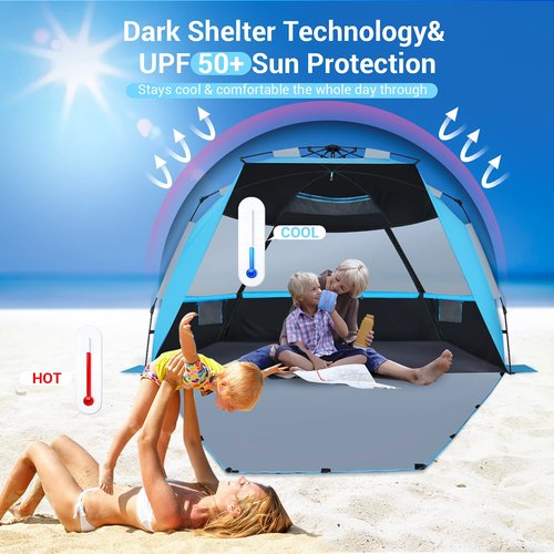 Sebor Beach Tent, Deluxe XL Pop-up Beach Tent Sun Shelter for 4-6 Person, UPF 50+ UV Protection, Easy Set Up and Portable Beach Shade Canopy Shade Tent for Beach Camping, Pacific Blue