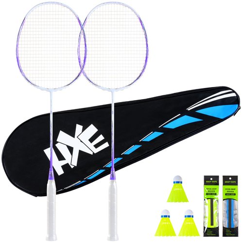 HXE Badminton Racket Set of 2, Carbon Fiber Professional Badminton Racquet for Outdoor Backyard Games, Lightweight Rackets Including 1 Carrying Bag 2 Shuttlecocks and 2 Replacement Grip Tapes