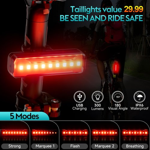 Upgrade Super Bright 6 LED Bike Light for Night Riding,6000 mAh Aluminum Rechargeable Bicycle Light,Runtime 48+hrs,10 Modes Waterproof Safety Bike Headlight Taillight for Outdoor Cycling,2000 LM