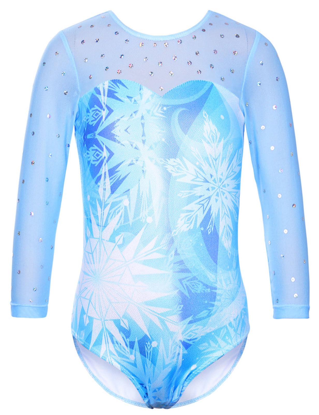 TFJH E Girls Gymnastics Leotard 3/4 Sleeve Metallic Sequin Mesh Dance Practice Outfit, Snowflake Blue, Size 3T 4T