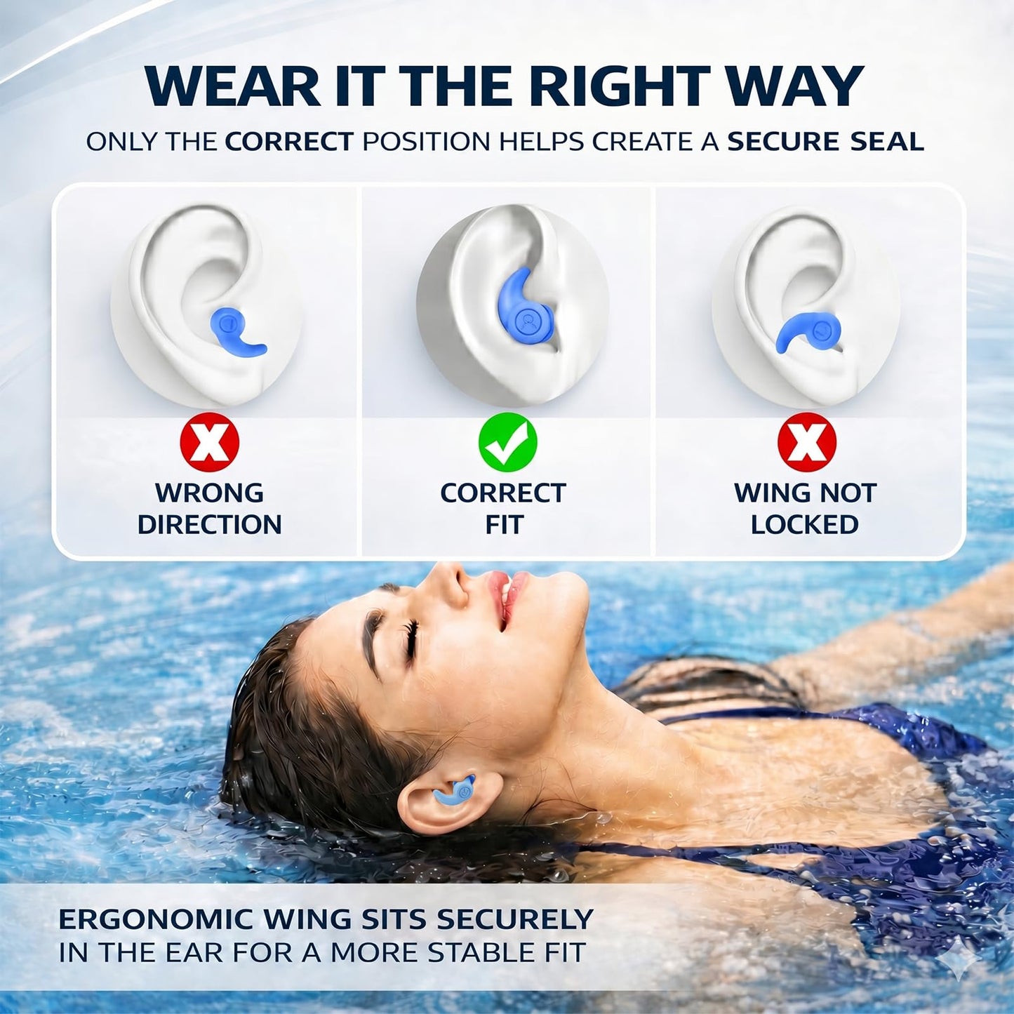 Waterproof Swimming Ear Plugs for Adults, 3 Pairs Reusable Silicone Swimmer Earplugs, Ear Protection for Showering Swimming Bathing Surfing and Other Water Sports