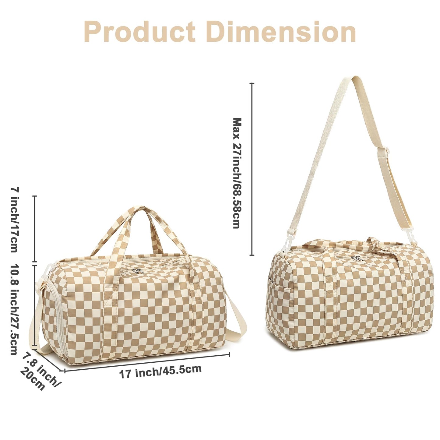 LEDAOU Duffle Bag Girls Kids Cute Dance Bag with Shoe Compartment Gym Bag with Wet Pocket Sports Overnight Travel Workout Bag (Checkered Brown-White)