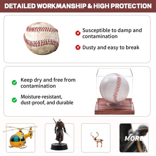 Baseball Display Case, No Assembly Required Clear Cube Tennis Ball Holder with Solid Wooden Base, Autograph Baseball Stand Box for Single Ball (1 Pack)