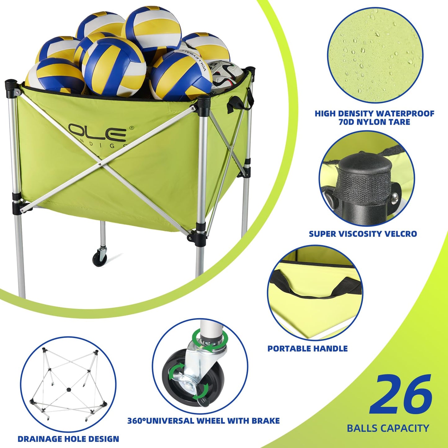 OLE ANDIGO Ball Cart,Volleyball Ball Cart with Wheels 26 Balls Portable Ball Cart,Ball Storage,Collapsible Sports Ball Equipment Cart for Volleyball, Rugby,Soccer【 Indoor Outdoor】