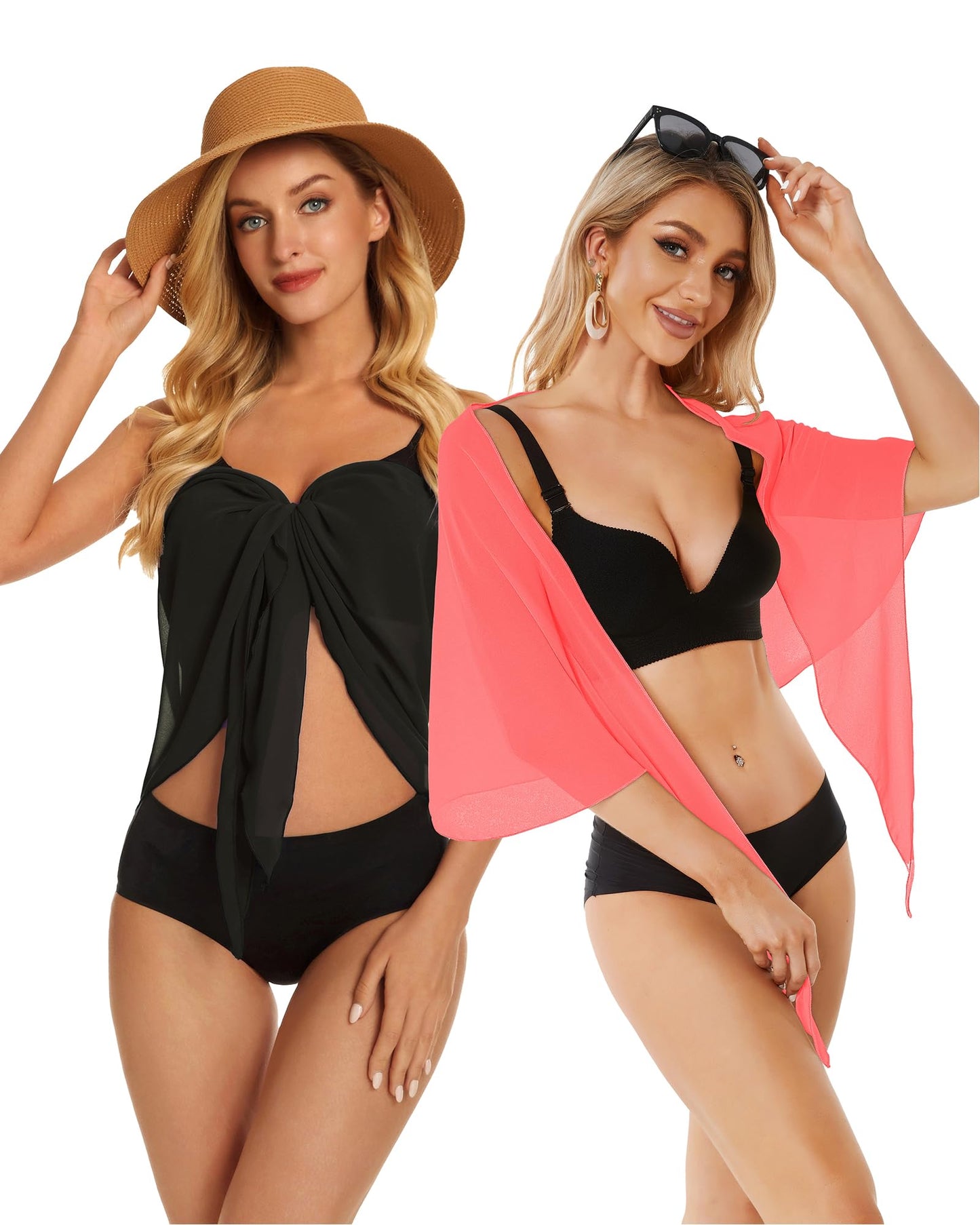 2 Pieces Sarong Cover Ups for Women Beach Bathing Suit Wrap Sheer Short Skirt Bikini Chiffon Scarf for Swimwear (Black and Fluorescent Orange)