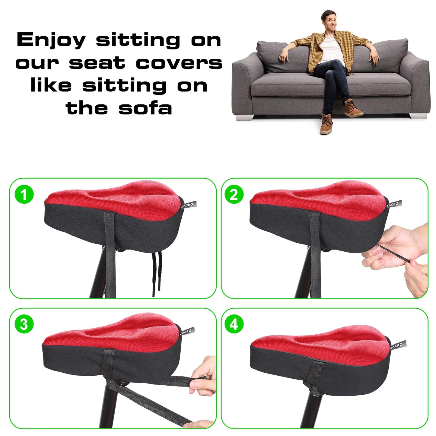 Zacro Bike Seat Cushion - Padded Gel Bike Seat Cover for Men & Womens Comfort, Compatible with Peloton, Stationary Exercise or Cruiser Bicycle Seats, 11 x 7 inches