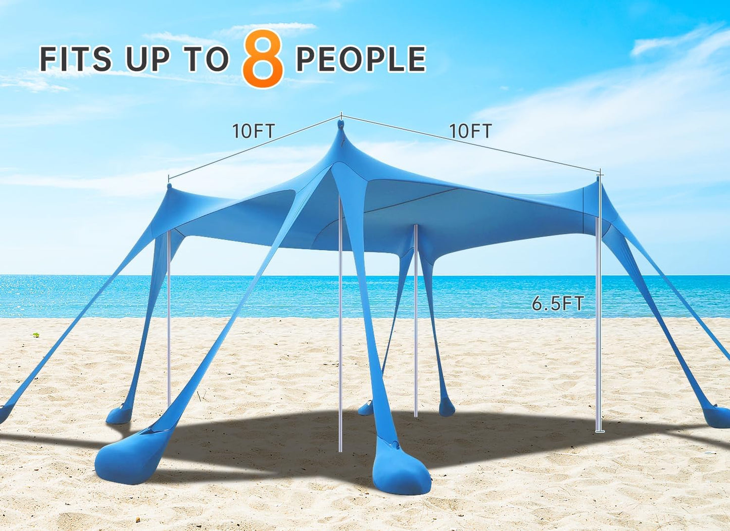 10x10ft Beach Tent Sun Shelter with UPF 50+ UV Protection, Beach Canopy Tent with 8 Sandbags, 4 Stability Poles, 8 Ground Pegs for Camping, Fishing, Picnics, Backyard Fun (Sky Blue)
