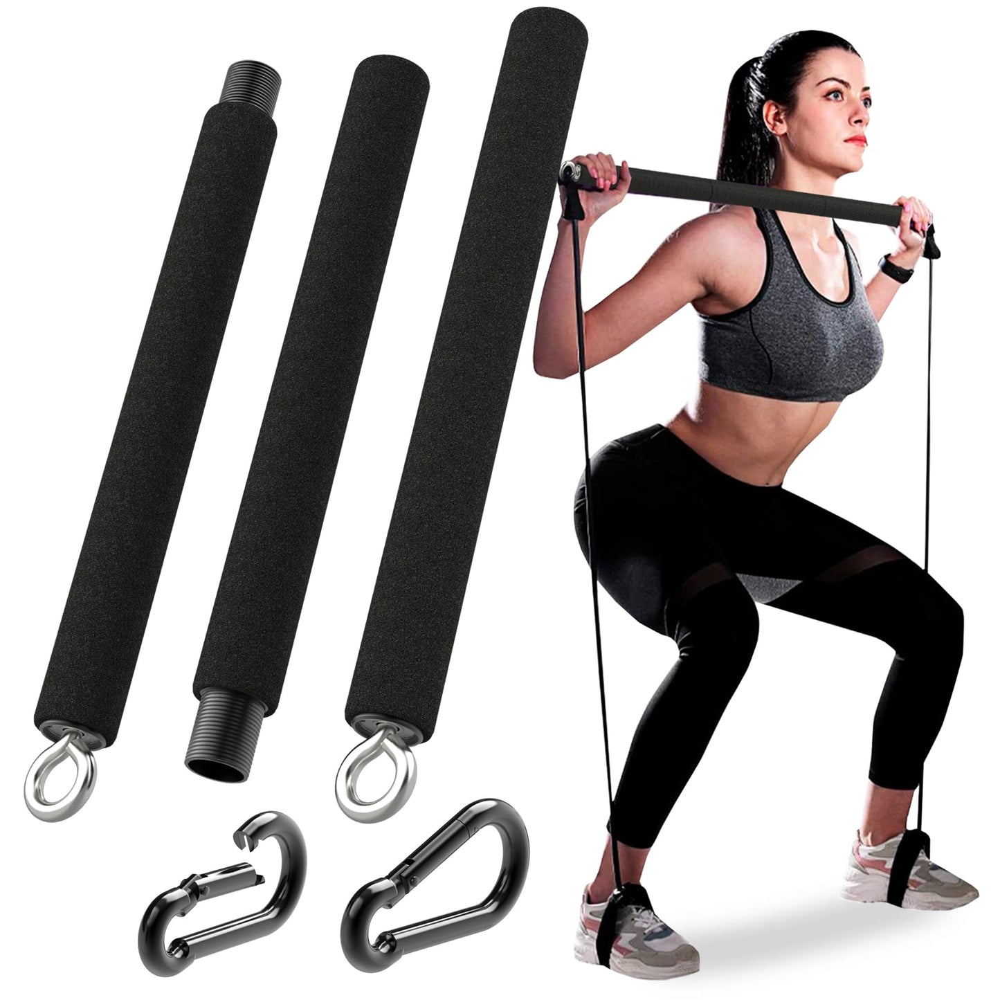 Adjustable Padded Steel Resistance Band Bar for Exercise, 26-38-Inches