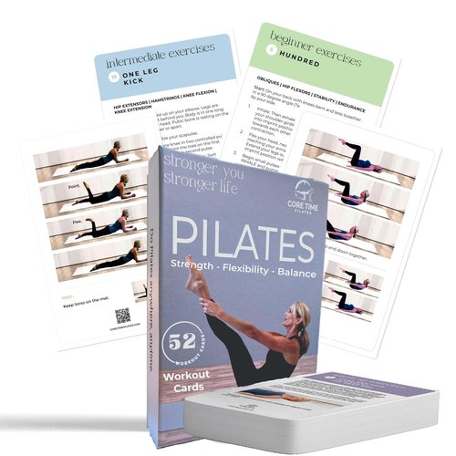 Pilates workout cards - for women's fitness - Detailed photos and video Instructions by Stott Pilates Certified instructor - 52 mat exercise cards to do Pilates at home with no equipment needed.