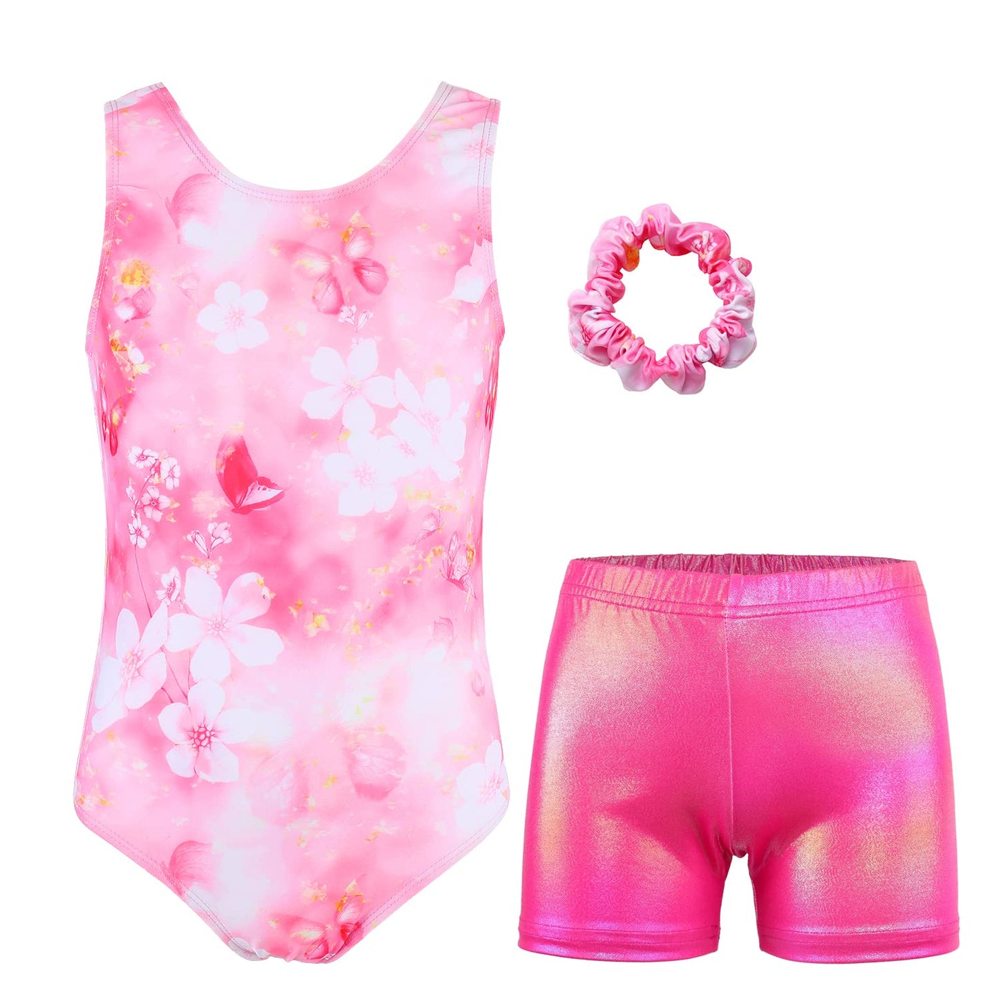 MODAFANS Gymnastics Leatards for Girls with Shorts Ballet Dance Set Activewear with Hair Scrunchie Butterfly Pink,6-7Years