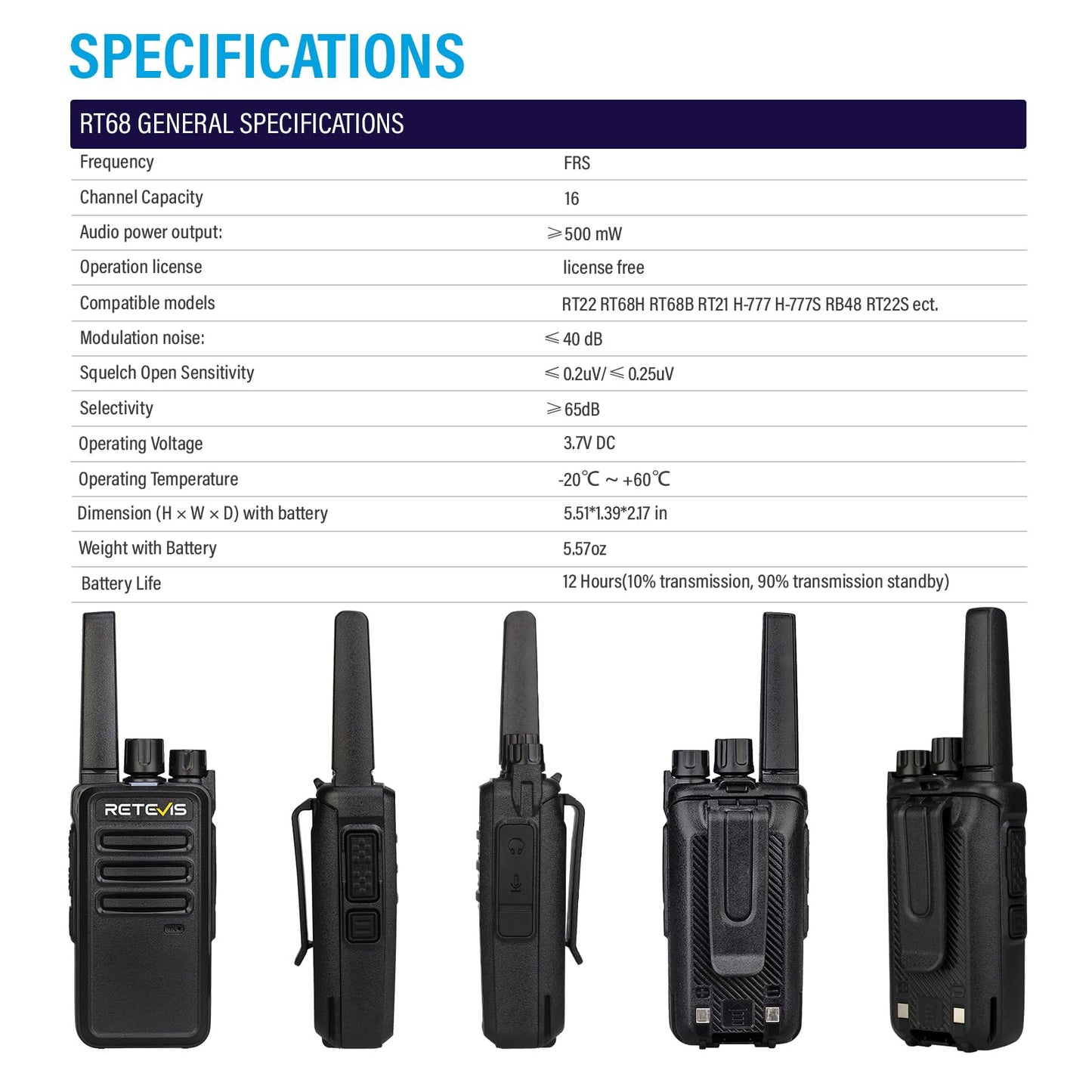 Retevis RT68 FRS Walkie Talkies for Adults Long Range (2 Pack)