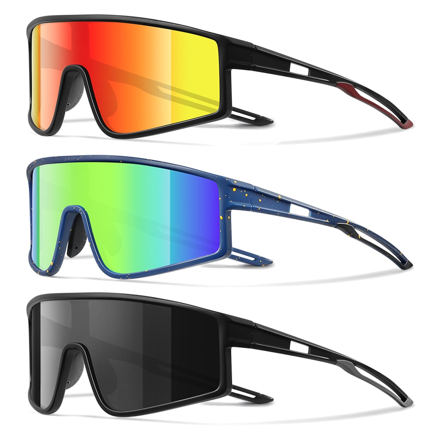 Kegrimi 3 Pack Kids Sunglasses Youth Baseball Polarized Sun Glasses Sports Cycling Running for Boys Girls UV Protection(Black+Red/Black+grey/Blue+green)