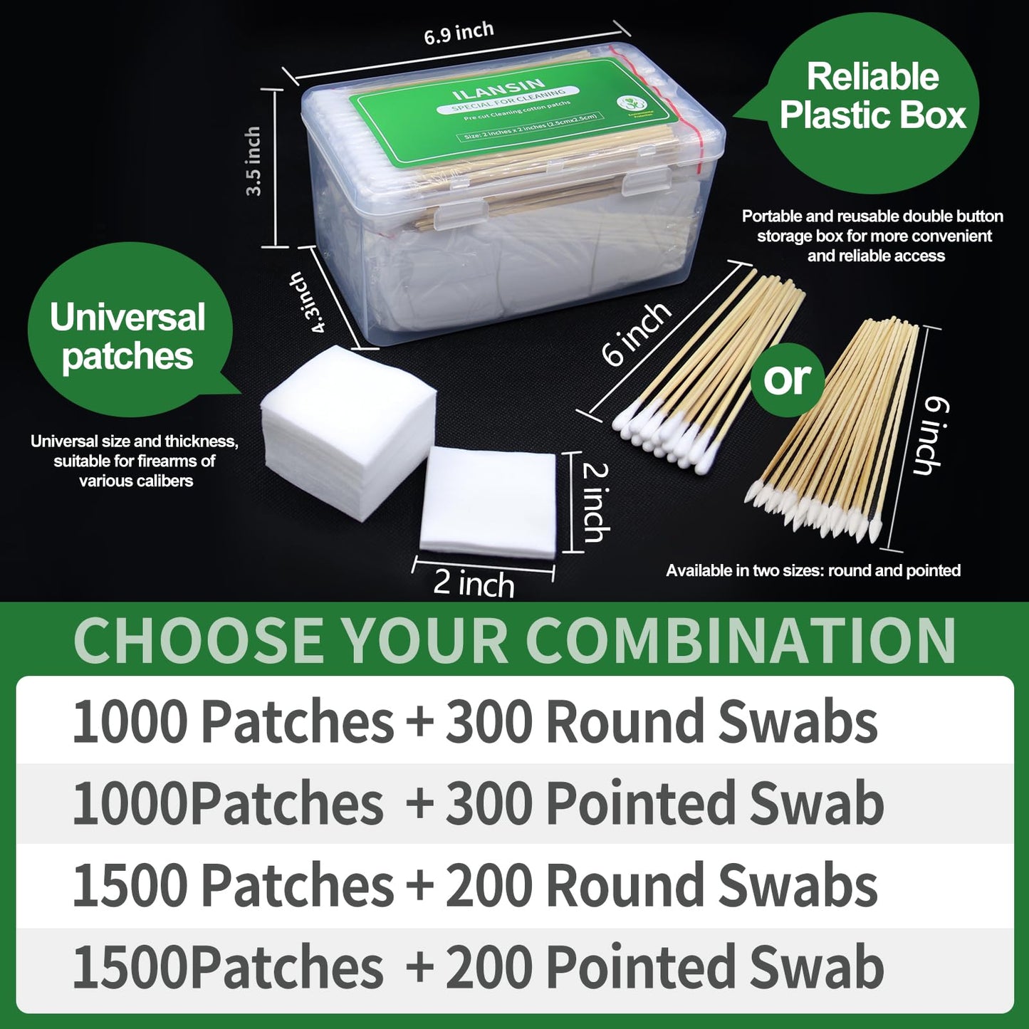 ILANSIN 1300PCS Gun Cleaning Kit - 1000PCS Patches + 300PCS Swabs, 2"x2" Rags, 6" Long Cotton Swabs for 9mm & All Calibers