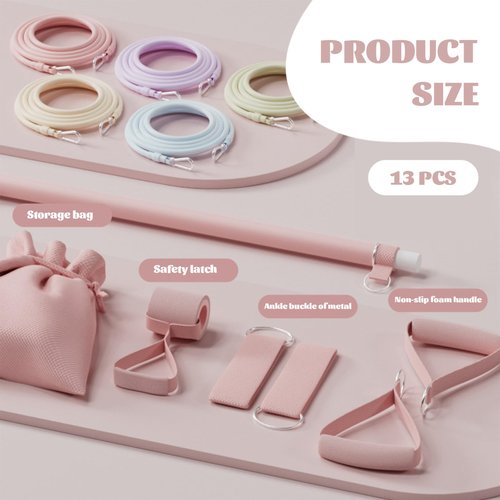 Pilates Set with 5 Adjustable Resistance Bands Elastic Pilates Essentials Kit for Home Fitness, Stretching, Strength Training