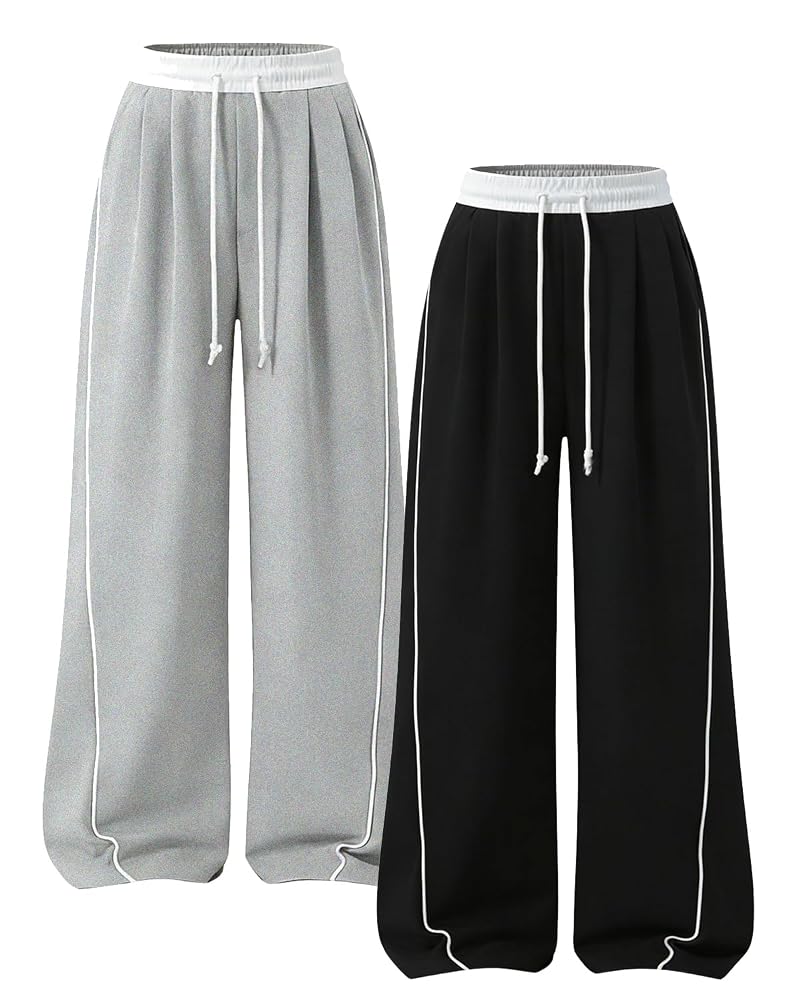 2 Pack Kids Sweatpants Wide Leg High Waist with Pockets – Black & Grey, 7-14 Years