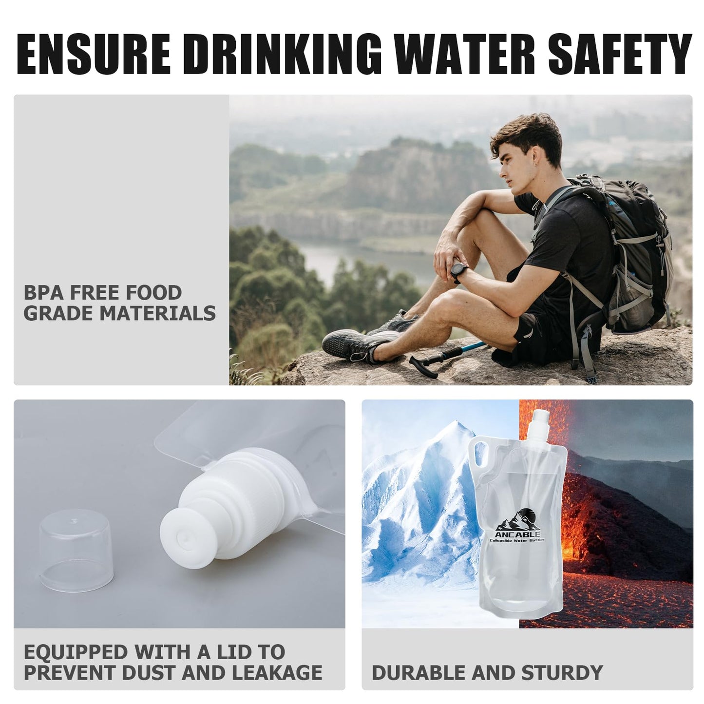 Ancable 33oz (1L) Collapsible Water Bottles, 3-Pack Reusable Travel Foldable Water Bottles for Hiking Camping Running Bike, BPA-Free Water Bottle