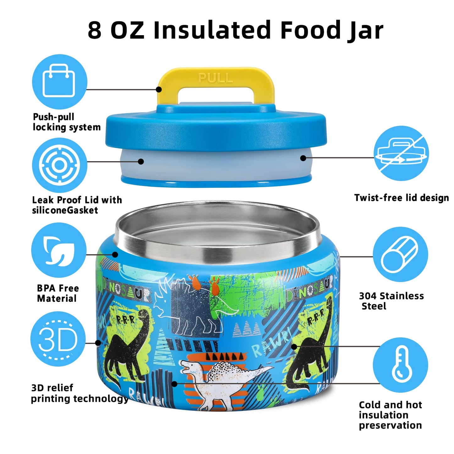 JXXM 8 Oz Thermo Food Jar for Hot & Cold Food for Kids, Insulated Lunch Containers Hot Food Jar,Leak-Proof Vacuum Stainless Steel Wide Mouth Lunch Soup Thermo for School (BLUE-Dinosaur)
