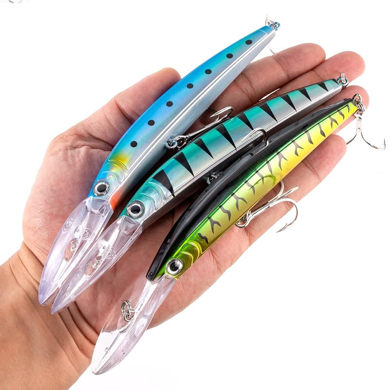 Dr.Fish 3 Pack Deep Diving Minnow Jerkbait Lures - 13ft, Clown Color, Saltwater & Freshwater
