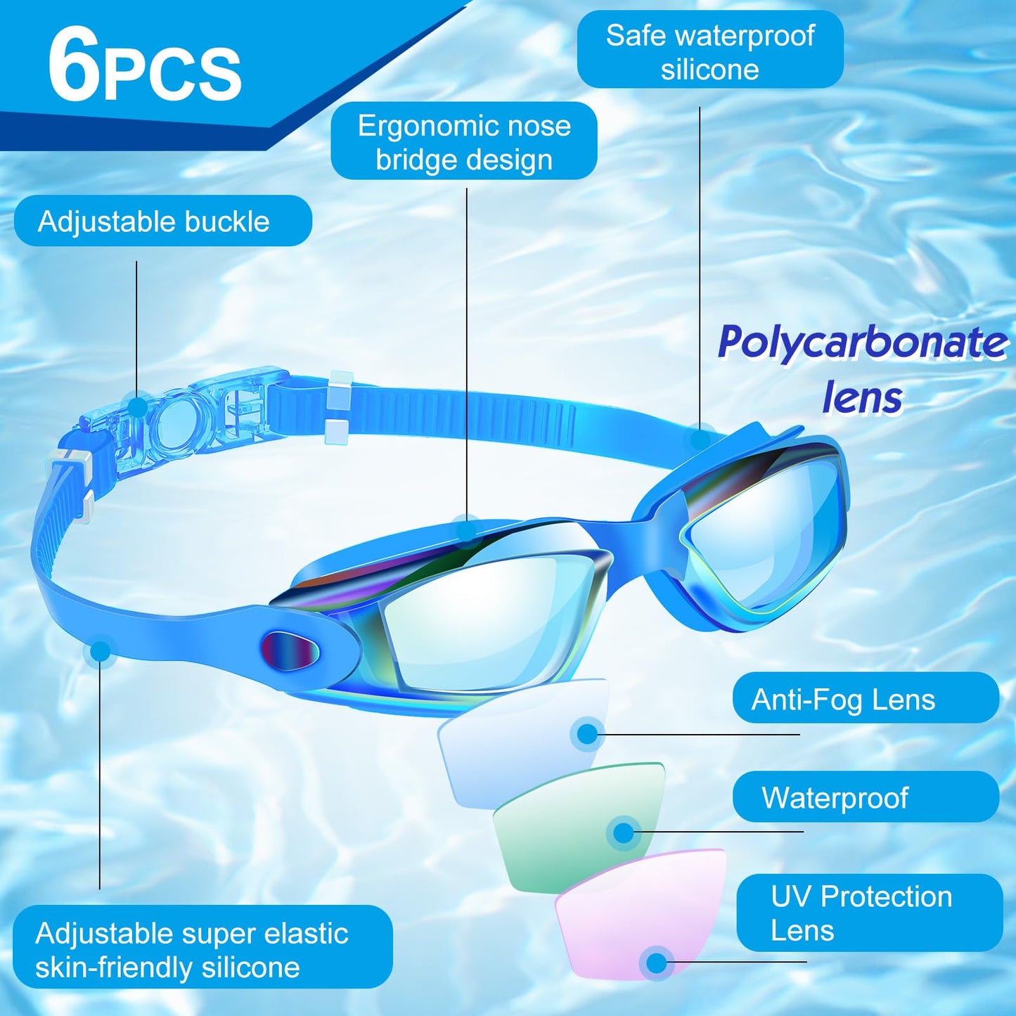 Flutesan 6 Pcs Swim Goggles Swimming Equipment Swimming Goggles Sport Swimming Goggles for Women Men Adult Youth (Bright Color)