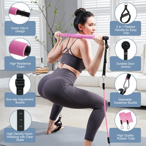 kisnbld Pilates Bar Kit with Resistance Bands, Multifunctional Pilates Bar with 3 Set Exercise Resistance Bands, Portable Pilates Equipment for Women Home Gym Yoga Workouts