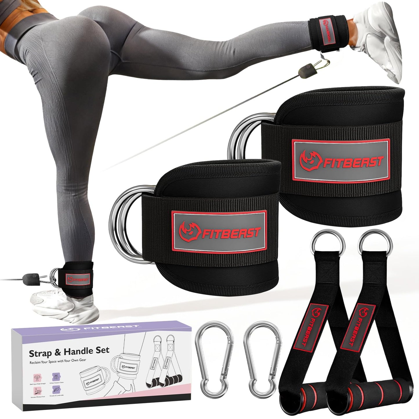 Fitbeast Ankle Straps for Cable Machines Women, Adjustable Ankle Straps and Gym Handles, Glute Kickback Ankle Strap Set, Cable Attachments for Gym, Booty Workouts, Leg Extensions, Hip Abductors