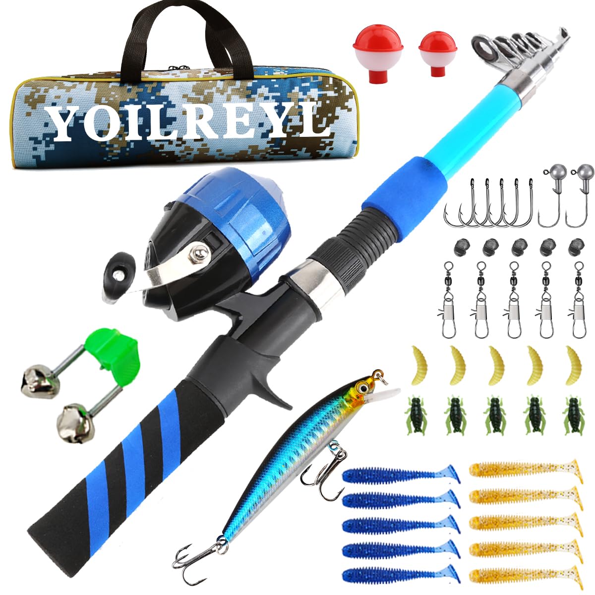 Yoilreyl Kids Fishing Rod and Reel Combo Push Button Small Collapsible Telescopic Fishing Pole Kit Beginner Youth Boys Fishing Starter Set Tackle(Casting Rod,5.91FT,Blue)