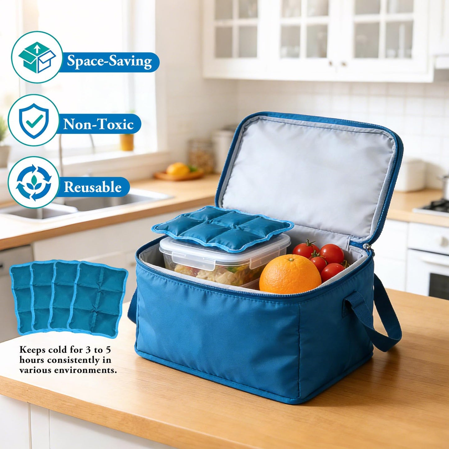 4pcs Reusable Ice Packs for Lunch Boxes & Coolers, (6”x4”x0.7”) Slim Freezer Packs for Lunch Bags, Small Non-Toxic Cooler for Picnic & Camping