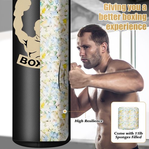 Filled Punching Bag for Adults, 4FT PU Leather Hanging Bag with 11lb Sponge Filler, Come with 12OZ Gloves, Kicking Bag Heavy Bag Boxing Equipment for Training Karate Kickboxing Home Gym