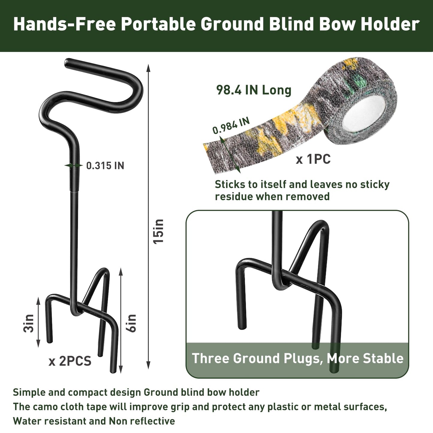 2 Pack Ground Bow Holder, Hunting Blind Bow Holder with Self-Adhesive Camouflage Tape Wrap Bow Holder Archery Ground Stake Bow Holder Rubber Coating Compound Bow Holder for Ground