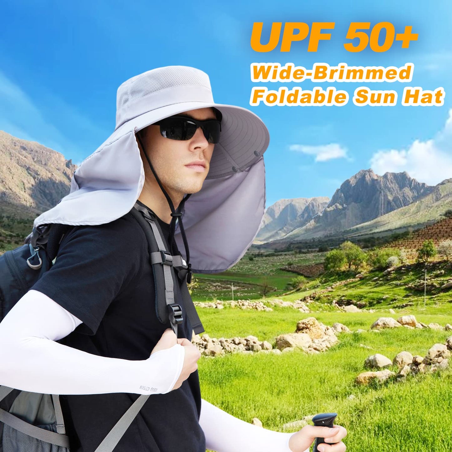 Outdoor Sun Hat for Men with Detachable Neck Flap Cover, Women UV Protection Wide Brim Hats for Safari Fishing Hiking Gardening Bg9215-lightgray