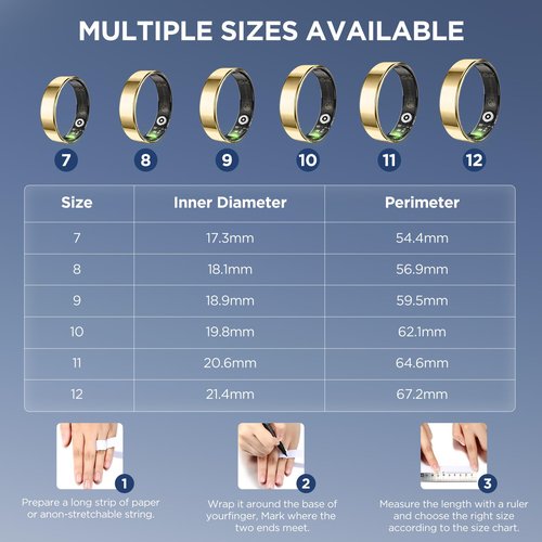 Fitness Tracker, Ultra-thin Smart Ring for Women Men,Health Activity Trackers,Fitness Ring with Sleep Tracker,Heart Rate Monitor,Step Counter,Calorie Pedometer,No Subscription,for iOS Android (Gold#7)