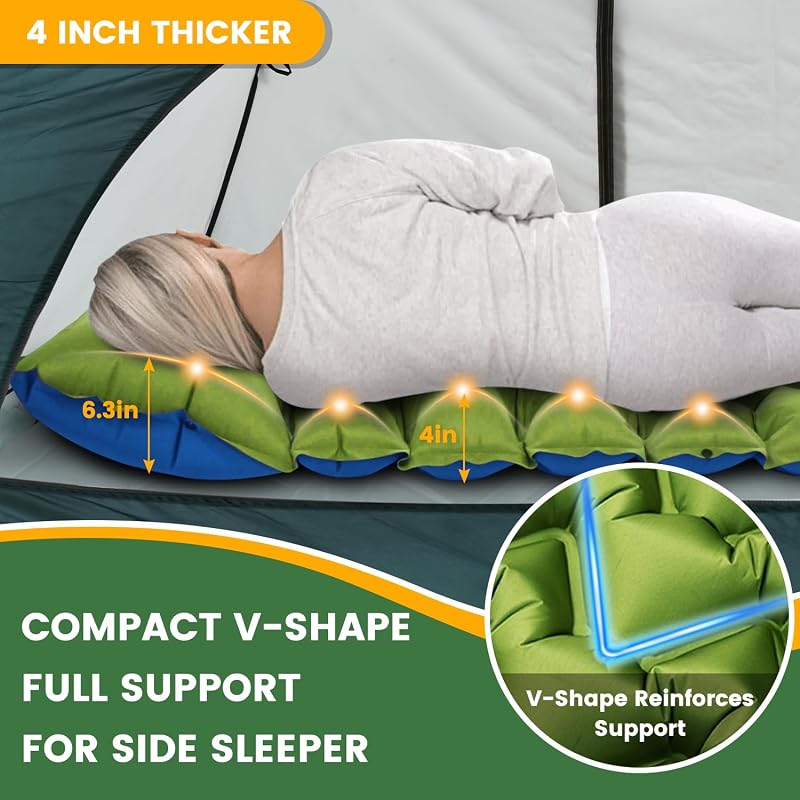 Ultralight 4in Camping Sleeping Pad with Pillow & Foot Pump — Green+Blue