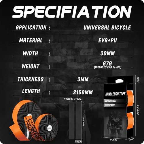 ARVORUM Bike Handlebar Tape, Bicycle Bar Tape, Cycling Grip Tape, (Set of 2) EVA Padded Bar Tape Bicycle Handlebar Tape, with 4pcs Bike Handlebar End Plugs, Soft Comfortable, Wear Resistant(Orange)