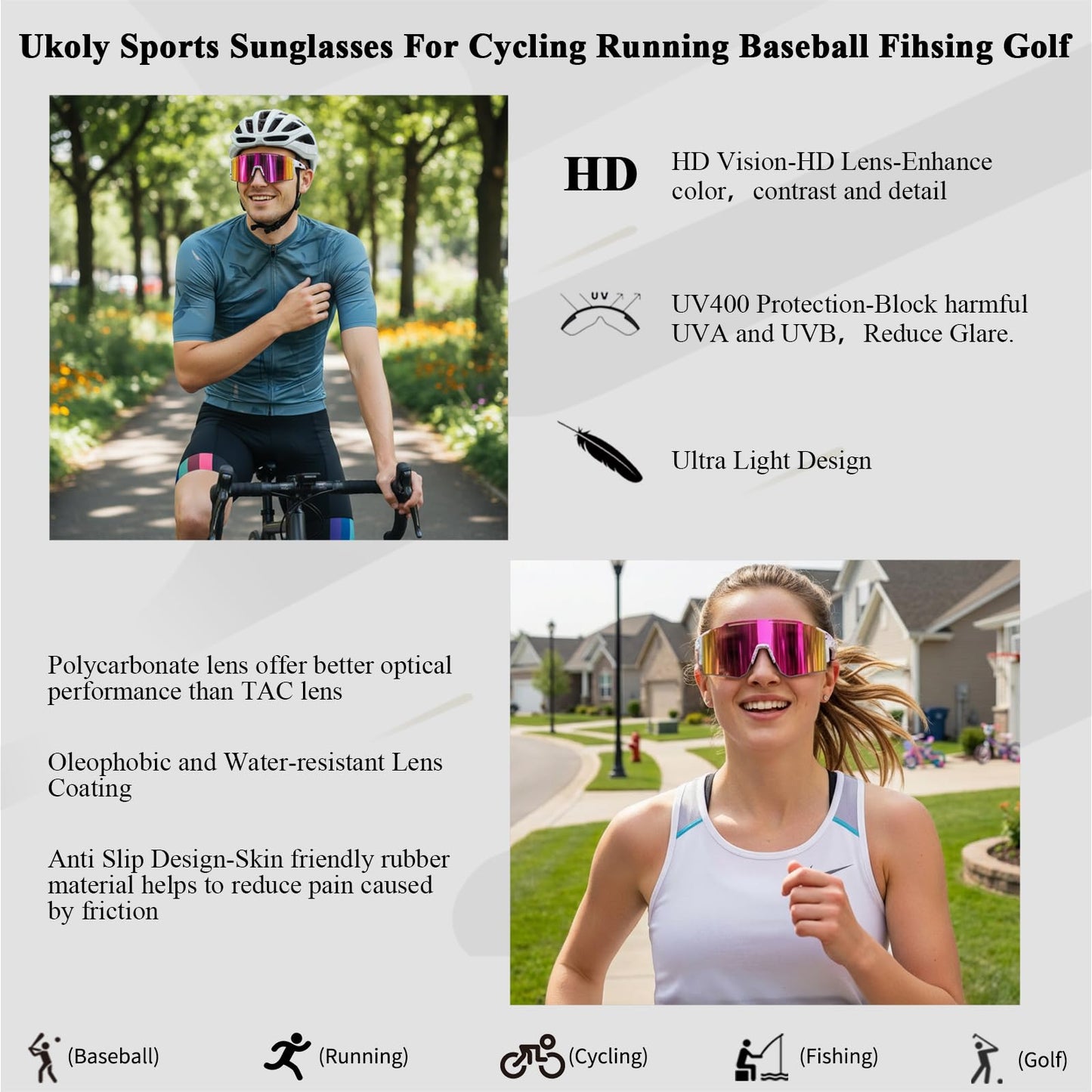 Ukoly Cycling Sunglasses with Interchangeable Nose Pad Men Women,Sports Sunglasses,Fishing Baseball Glasses