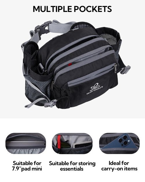 WATERFLY Fanny Pack Waist Bag: Fannie Pack 2 Water Bottle Holders Lumbar Belt Hiking Walking Running Jogging Camping Large Woman Man (Bottle Not Included)