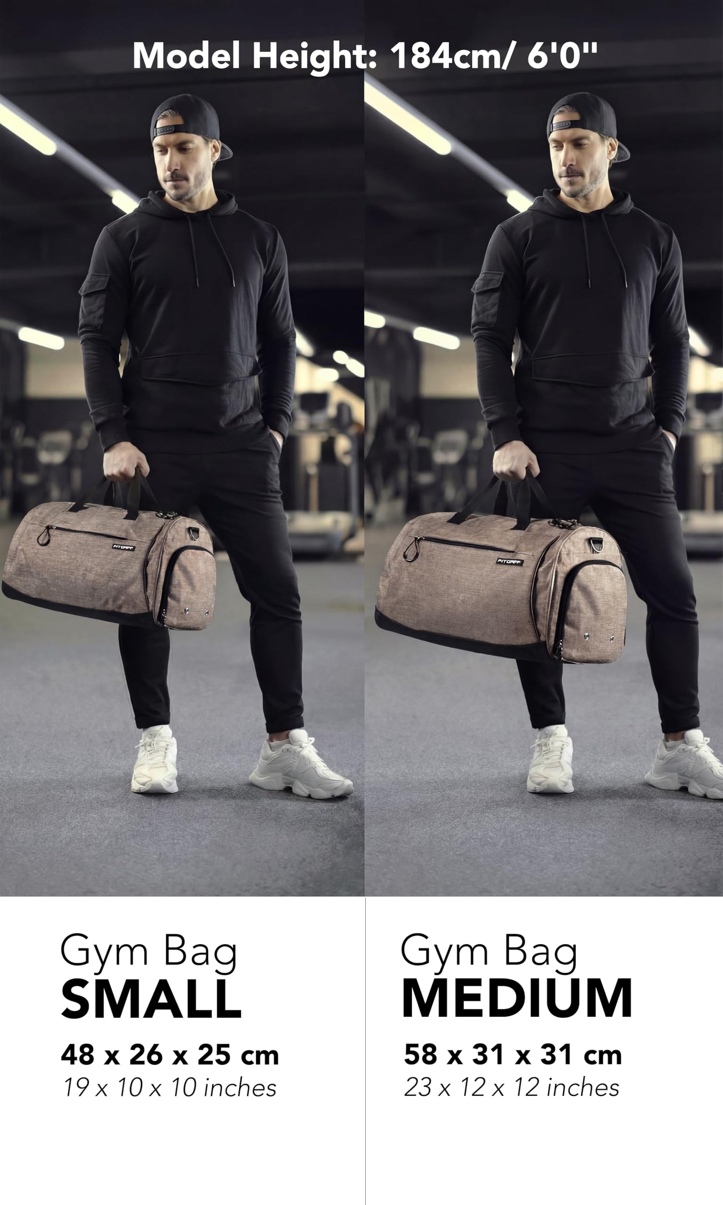 Fitgriff® Gym Bag for Men & Women with Shoe & Wet Compartment - Duffle Bag for Travel, Sports, Fitness & Workout (Sand, 19 x 10 x 10″ (Small))