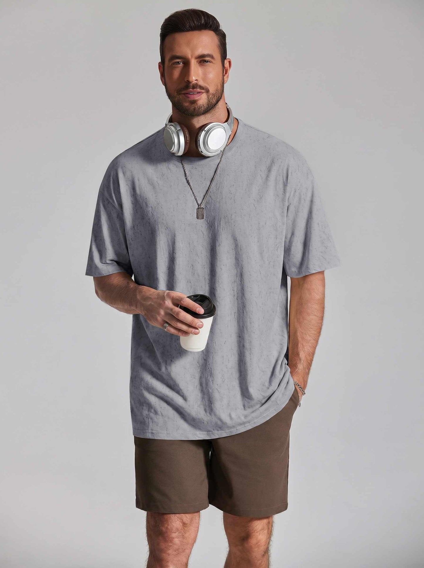COOFANDY Mens T-Shirts Oversized Unisex Short Sleeves Cotton Tshirts Fashion Casual Loose Wash Solid Basic Tee Tops Light Grey