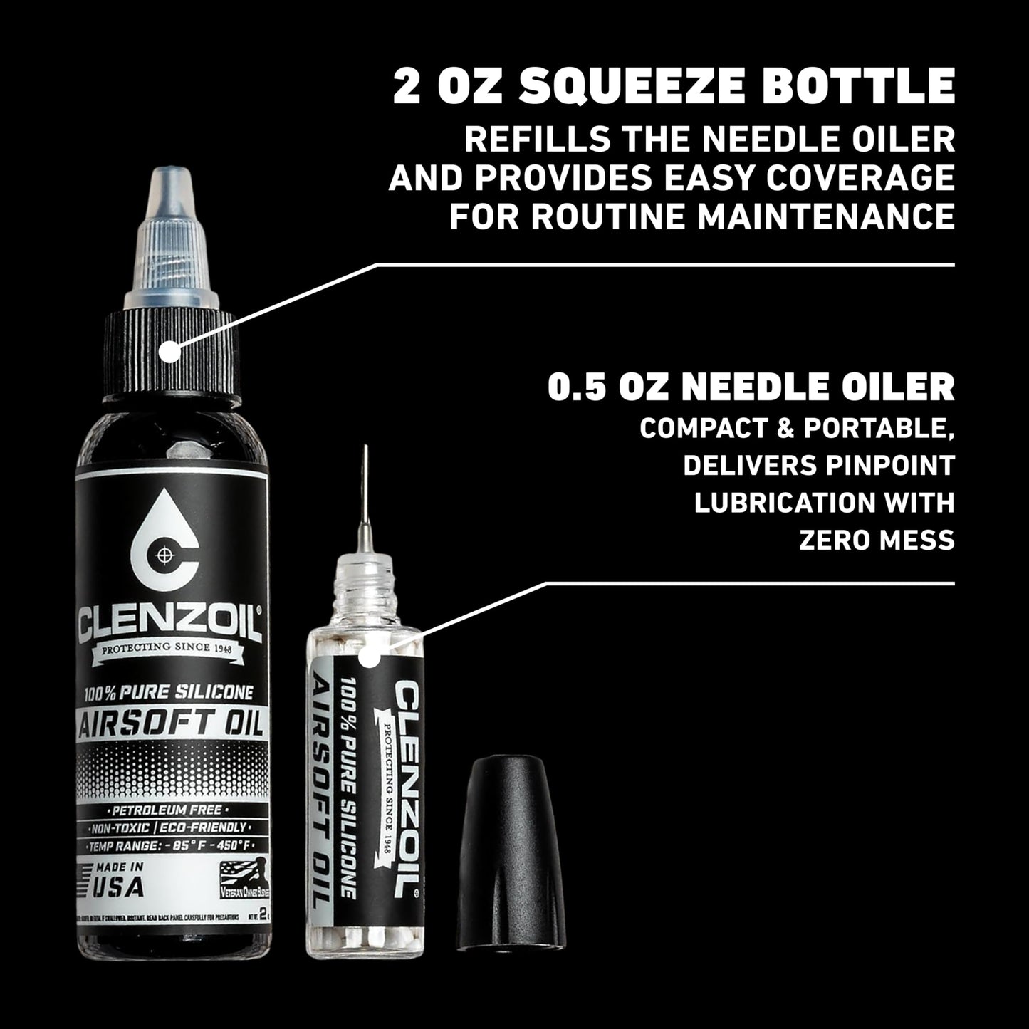 Clenzoil Airsoft & Air Gun Oil - 2 oz Combo Airsoft Oil - for Air Rifles & Airsoft Pistols - Pure Silicone Oil for Gun Lubrication - Made in The USA - 2 oz Bottle & 0.5 oz Needle Oiler Combo Pack