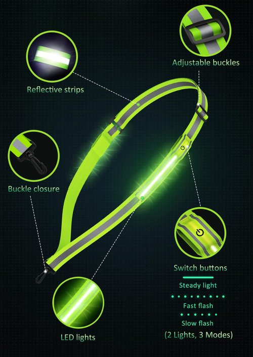 Ylzzrs LED Reflective Belt Sash Walking Gear,Safety Lights for Walkers at Night,High Visibility Safety Rechargeable Reflective Running Gear for Men Women Kids Night Dog Walking Gear (Green)